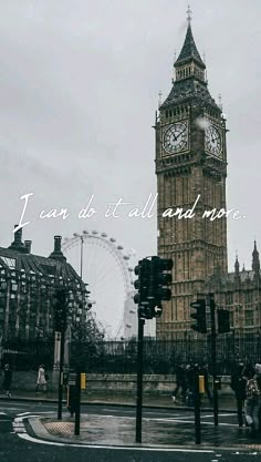 the big ben clock tower towering over london on a rainy day with words written below it