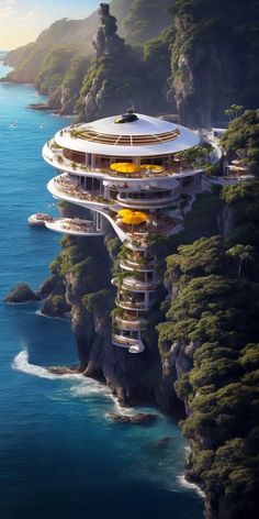 an aerial view of a building on the edge of a cliff over looking the ocean