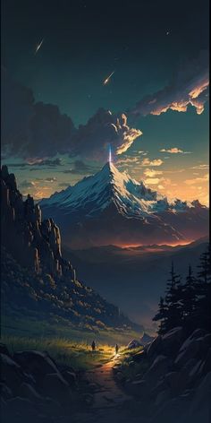 an image of a mountain at night with the sun shining down on it and stars in the sky