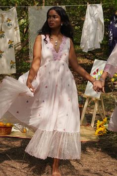 Baby pink jamdani dress with floral and geometric embroidery. - Aza Fashions Jamdani Design, Jamdani Dress, Western Outfit, Geometric Embroidery, Western Outfits, Dress For Women, V Neck Dress, Dress Pattern, Wabi Sabi