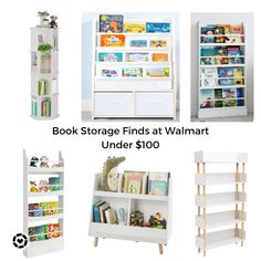 four bookshelves and shelves with children's toys in them