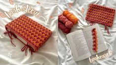 two crocheted books are laying next to each other on a bed with white sheets