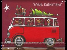 an image of a red van with christmas trees on top and people riding in it