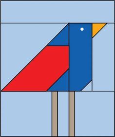 a blue, red and yellow geometric design with two poles in the foreground on a light blue background