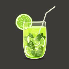 a glass filled with limeade and mint on top of a black table next to a straw