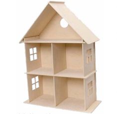 a doll house with three levels and four windows on the front, one level is beige