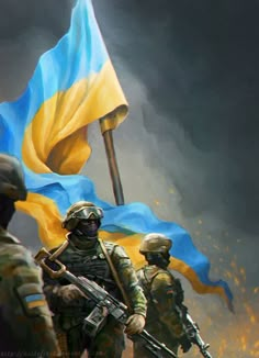 an image of soldiers with flags in the background and text that reads, i love ukraine