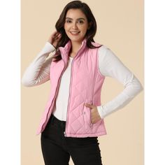 Stay cozy in this padded gilet qulited vest featuring a stand collar, slanted front pockets with toggle closures, and utility-chic zipper for a customized fit. It's the perfect layering choice to pair with a long-sleeve top or a high-neck sweater. It is ideal for fall. Wear yours for a cute look when you are out for fun. Team it with a plaid shirt and jeans for a simple yet stylish finish. Registration number: UT 6236 (CN). Fill Material: 100% Polyester. Leather Waistcoat, Zipper Vest, Womens Puffer Vest, Fall Wear, High Neck Sweater, One Piece Outfit, Vest Fashion, Vest Outfits, Necklines For Dresses