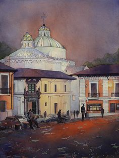 a painting of people walking around in front of a building with a dome on top