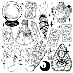 an ink drawing of various items that are in the shape of hand and heart shapes