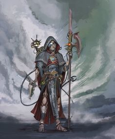 a man dressed in armor and holding two swords, standing under a cloudy sky with clouds behind him