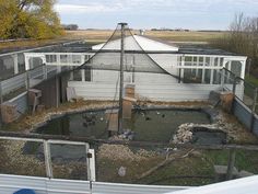 a house with a large pond in front of it and a fence around the yard