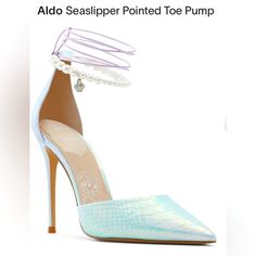 Ladies Pumps By Aldo Made For Disney From The Little Mermaid Ariel Seaslipper Mint Green Lavender Iridescent Pearl And Tie Up Ankle Size 9 4” Heel 408 Disney Aldo Heels, Disney Aldo Shoes, Ladies Pumps, The Little Mermaid Ariel, Green Lavender, Little Mermaid Ariel, Iridescent Pearl, Disney Shoes, Ariel The Little Mermaid