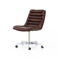 a brown leather office chair with wheels and casteors on an aluminum frame base, viewed from the front