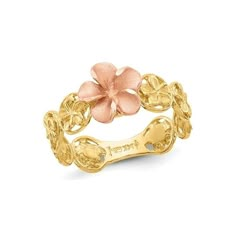 A plush rose pink gold flower is the main centerpiece of this floral inspired ring crafted in shimmering 14 karat yellow gold. This 14K gold ring weighs 2.40 grams. 14K Yellow and Pink Gold Plumeria Flower Ring Size: 7.  Gender: female.  Age Group: adult. Gold Floral Jewelry, Fine Jewelry Rose Gold Flower Ring, Fine Jewelry Flower Shaped Rose Gold Rings, 14k Rose Gold Flower Shaped Ring, 14k Rose Gold Flower Ring, Rose Gold Flower Shaped Fine Jewelry Ring, Rose Gold Flower Shaped Fine Rings, Fine Jewelry Yellow Gold Flower Ring, Promise Rings Gold