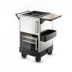 a black and white cart with an oven on wheels