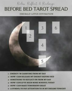 a poster with the words before bed tarot spread written in white and black on it