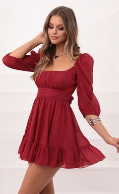 Neia Ruffle Dress in Burgundy | Lucy in the Sky Flowy Red Dress, Red Flowy Dress, Red Summer Dresses, Lucy In The Sky, Red Dress Short, Red Dresses, Burgundy Dress, Hoco Dresses, Elegant Outfit