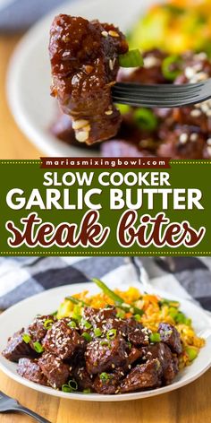 Try this easy slow cooker recipe for garlic butter steak bites! With tender, juicy stew beef and mushrooms in a rich, buttery honey garlic sauce, this crockpot dish is delicious. Save this simple dinner idea! Beef Tip In Crockpot, Steak Bites Recipes Crockpot, Easy Beef Crockpot Dinners, Garlic Butter Steak Tips Crock Pot, Slow Cook Steak Bites, Easy Dinners With Steak, Green Pan Slow Cooker Recipes, Garlic Butter Steak Bites Crockpot Stew Meat, Beef Flat Iron Steak Recipes Crock Pot