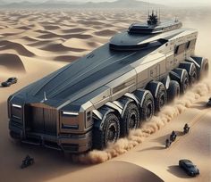 a futuristic vehicle is driving through the desert