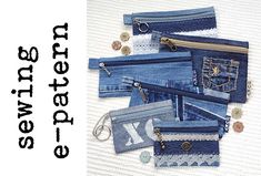 several different types of denim purses with buttons and zippers on the bottom one