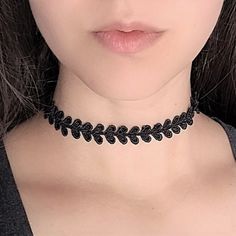 "A 90s inspired tattoo choker necklace in a minimalist vine shaped black lace ribbon. Features embroidery style Venice lace and bronze hardware. The length shown in photos is 12\" and more options are available. Each size comes with an additional 2.5\" extender chain. When selecting necklace length, measure around the smallest part of your neck. If you're in between sizes, go for the next smallest size and use the extender chain for the perfect fit! If you would like a custom size, send me a mes Black Lace Ribbon, Choker 90s, Jewelry Grunge, Vine Necklace, 90s Choker, Tattoo Choker Necklace, Grunge Tattoo, World Necklace, 90s Goth