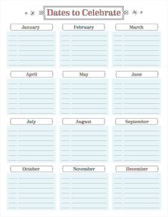 a printable calendar with dates to celebrate