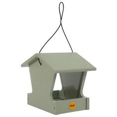 a bird feeder with a yellow tag hanging from it's side