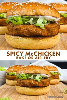 two pictures of chicken sandwiches with lettuce and mayonnaise on buns