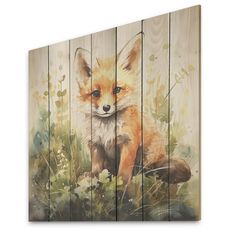 a painting of a fox sitting on top of a wooden fence with grass and flowers around it