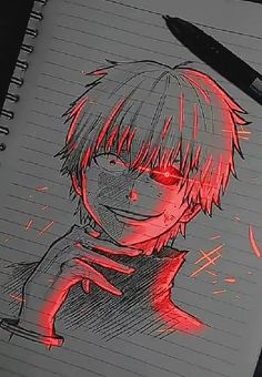 a drawing of an anime character with red light coming out of his eyes and holding a knife