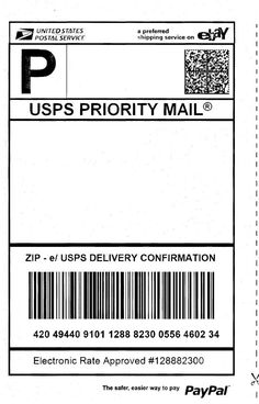 the usps priority mail is shown in black and white, with a bar code on it