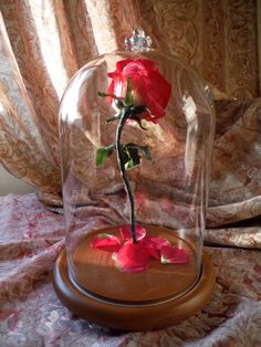 a red rose under a glass dome on top of a wooden stand with flowers in it