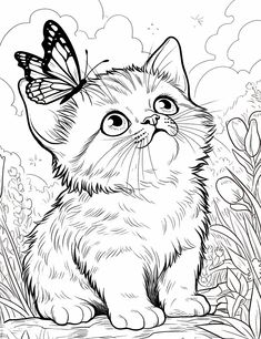 a cat with a butterfly on it's head sitting next to some flowers and grass