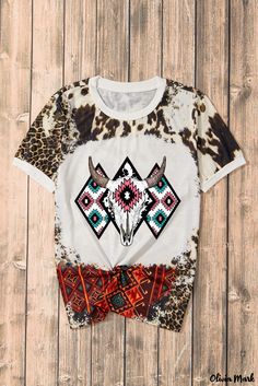 Olivia Mark - Aztec Steer Head Design Round Neck Tee Steer Head, Western Aztec, Brown Tshirt, Aztec Design, Round Neck Shirt, Aztec Designs, Top And Pants Set, Charm Making, Round Neck Tees