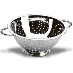 a colander that is sitting on top of a white tableware bowl with handles