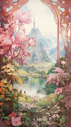 a painting with flowers and mountains in the background