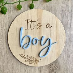 it's a boy wooden sign with blue letters and leaves on the front, against a wood background