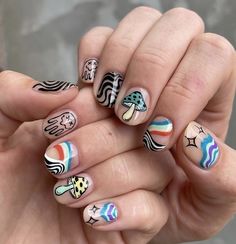 Short Rave Nails, Minimal Nail Art For Men, Men Nails Art, Punk Nails Grunge, Psychadelic Nails, Grunge Nail Inspo, Mens Nail Art, Nails Hombres, Nail Art For Men