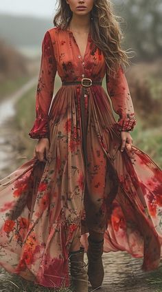 Boho Maxi Dress Outfit, Garden Party Outfit Dresses, Red Bohemian Dress, Bohemian Lace Dress, Bohemian Dresses, Stylish Fall Outfits, Inspired Outfits