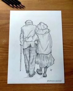 a drawing of two people standing next to each other on top of a wooden table