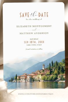 The pin shows a wedding invitation for a destination/travel ceremony featuring a watercolor artwork of Lake Como in Italy. The design is vintage using a delicate and elegant color palette. The artwork is on the bottom of the card and all details are on the top. The card is sold, printed and delivered by Zazzle and designed by DIYPaperBoutique. Lake Como Save The Date, Lake Como Invitation, Save The Date Italy Wedding, Lake Como Wedding Invitations, Flowing Typography, Lake Wedding Invitations, Save The Date Destination Wedding, Save The Date Illustrations, Save The Date Destination