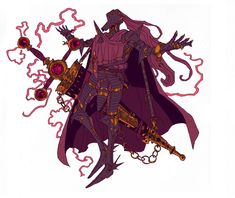 a drawing of a man with two swords in his hand and wearing a purple outfit