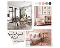 a collage of photos with pink and grey colors in the bedroom, dining room and living room