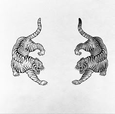 two black and white drawings of tigers jumping in the air with their tails stretched out