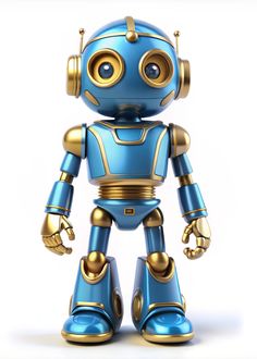 a blue and gold robot is standing up