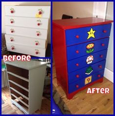 before and after photos of an old dresser with video game stickers on the drawers