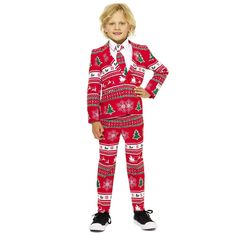 Is your little man looking for an outfit to go out of the year with a bang? This festive Christmas costume is the perfect outfit for the x-mas and New Year's Eve season. It's a more stylish version on the ugly Christmas sweater, so you'll be the best-dressed of your family and friends for sure. Santa will even give you more presents than ever because of your great Christmas attire. So, what are you waiting for? Have fun this Christmas! Red Festive Sets For Winter, Festive Red Sets For Winter, Fitted Sets For Festive Winter Occasions, Fitted Costume Sets For Winter, Holiday Festive Red Set, Festive Red Holiday Sets, Festive Red Holiday Set, Red Party Sets For Winter, Christmas Long Sleeve Fitted Sets