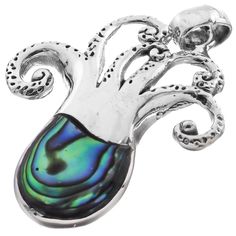 "1 3/8\" Animal Paua Abalone Shell Squid Octopus 925 Sterling Silver Pendant  Handcrafted pendant in authentic 925 sterling silver. You can see the workmanship in the finesse of the settings, the bright shine and even polish of the silver. You will be thrilled with the quality of our crafting and materials. A trusted designer and retailer of high-end silver since 2003.  Bail Size:  ~3mm(1/8\") Silver Type:  925 Sterling Silver Pendant Size:  36x26mm(1 3/8x1\")w/bail Pendant Weight:  ~5grams(0.2o Sterling Pendant, Right Hand Rings, Sterling Silver Chain Necklace, Shell Jewelry, Abalone Shell, Silver Chain Necklace, Fine Jewellery Necklace, 925 Sterling Silver Earrings, Sterling Silver Pendant