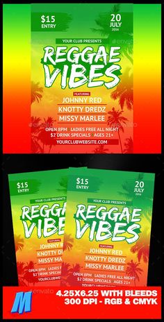 the reggae vibe flyer is shown in three different colors